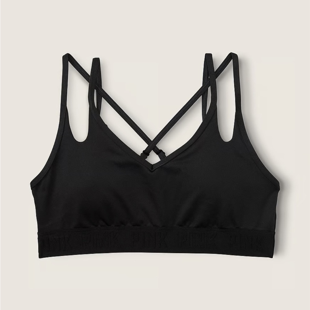 Vs Pink Ultimate Strappy Back Lightly Lined Sports Bra In Pure Black Small Crop